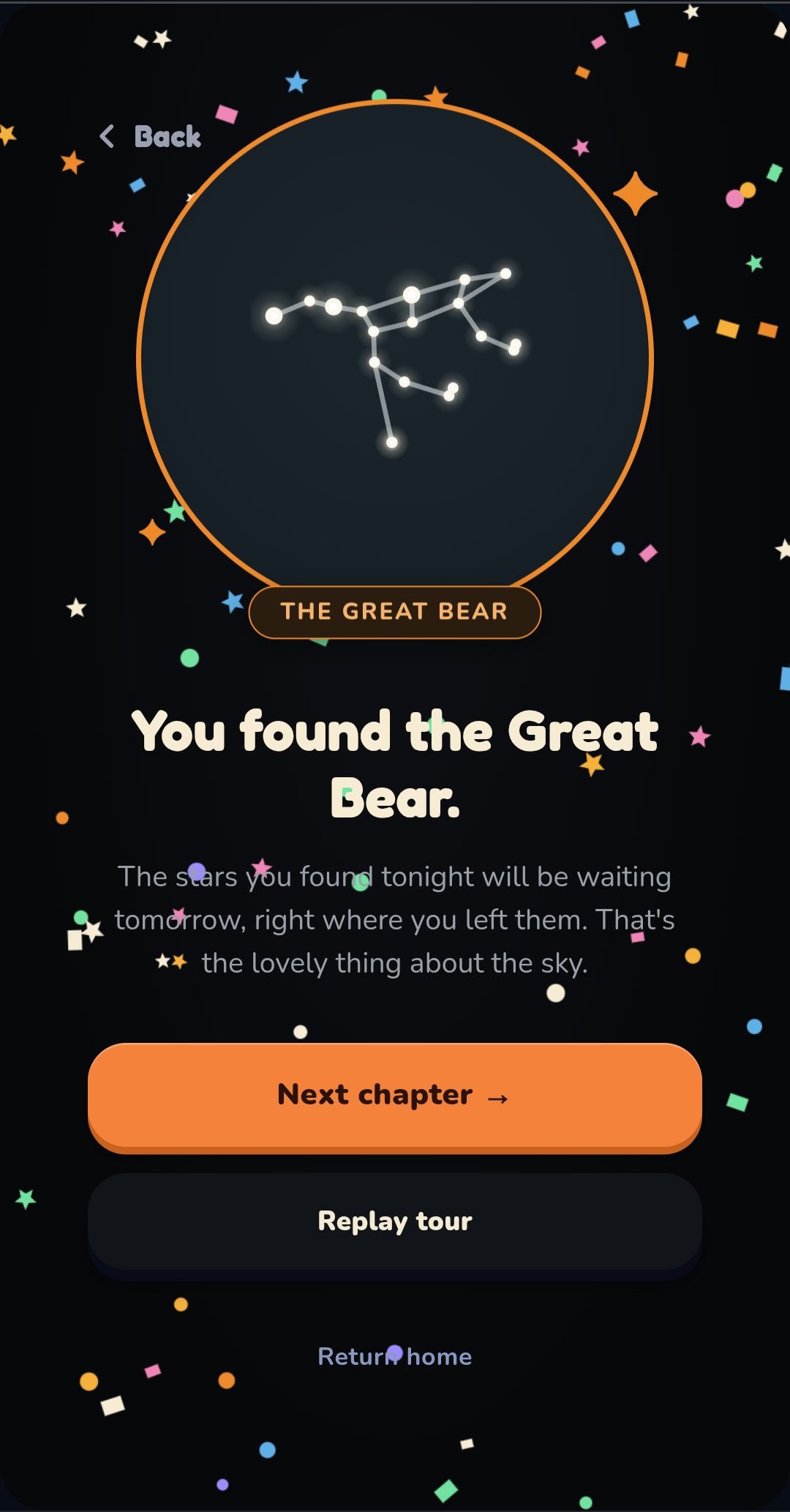 App screen: a completion screen reading 'You found the Great Bear,' showing the constellation outlined and a Next chapter button.
