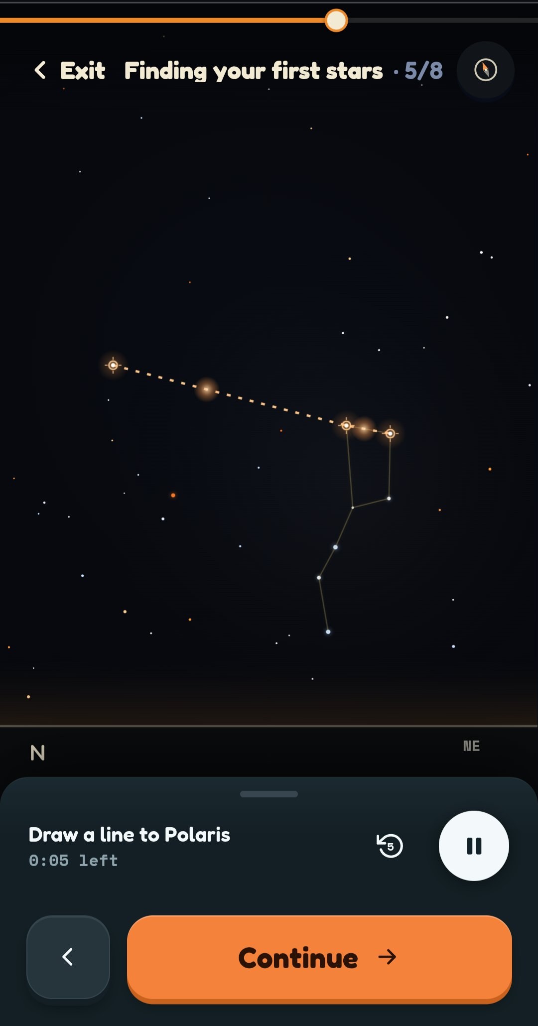 App screen: an active tour step prompting the user to draw a line from the Big Dipper to Polaris, with the next stars to find highlighted.
